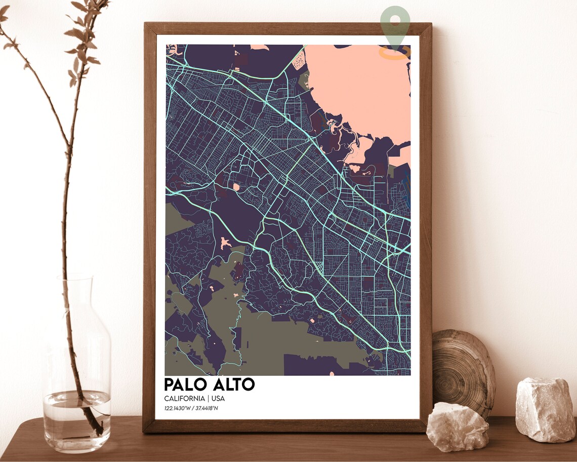 Palo Alto California Dark Navy Modern City Map Decor Art Poster