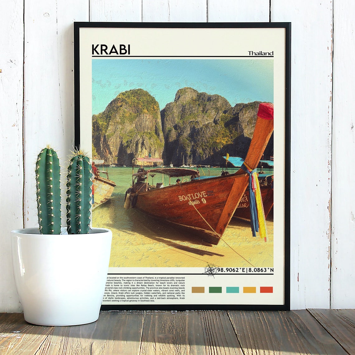 Krabi Thailand Longtail Boat Beach Limestone Cliffs Travel Poster - Image 3