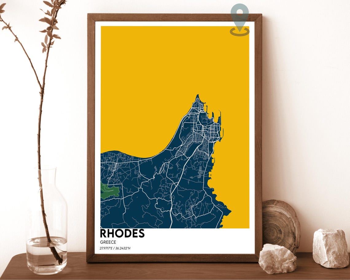 Rhodes Greece Coastal Turquoise Blue City Map Home Decor Poster - Image 6
