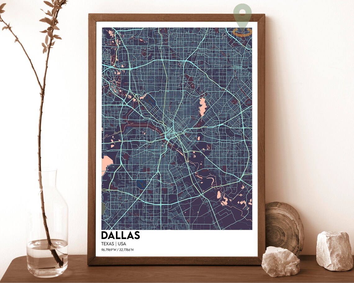 Dallas Texas Cream Maroon Modern City Map Street Grid Art Poster - Image 3