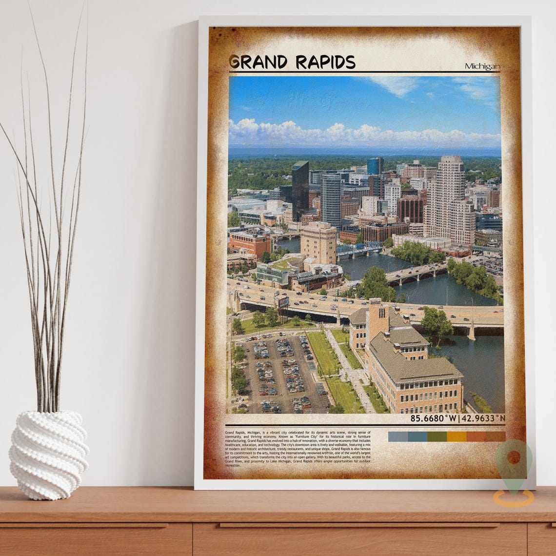 Grand Rapids Michigan Downtown River Skyline Aerial Travel Poster - Image 3
