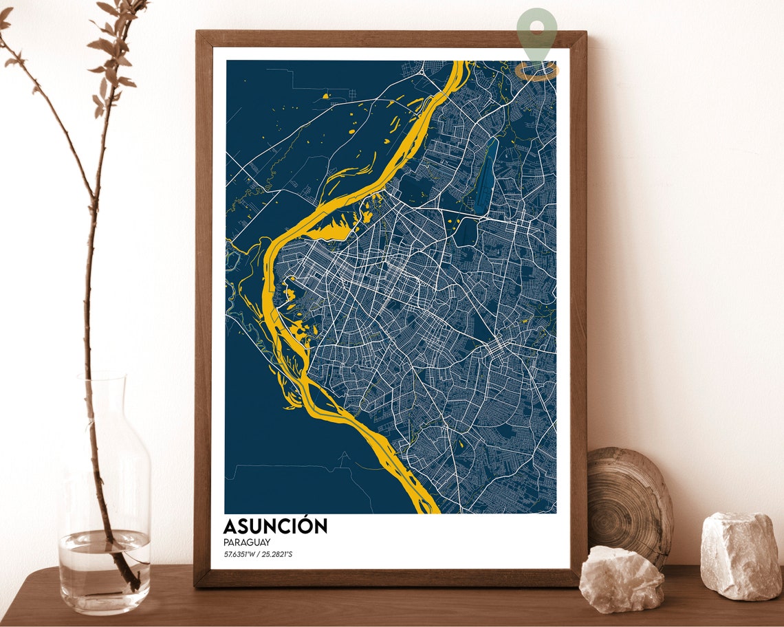 Asuncion Paraguay Dark City Map With Bright Blue River Poster - Image 2