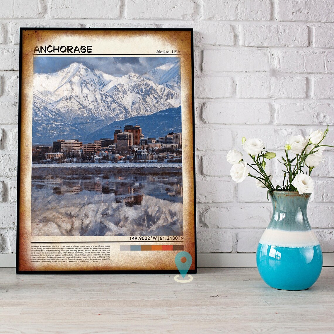Anchorage Alaska Snowy Mountains Painted City Vintage Travel Poster - Image 2