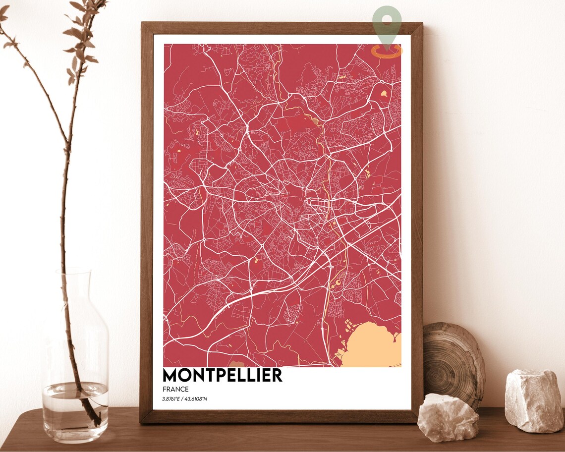 Montpellier France vintage sepia with blue water Street Map Coordinates Poster - Image 3