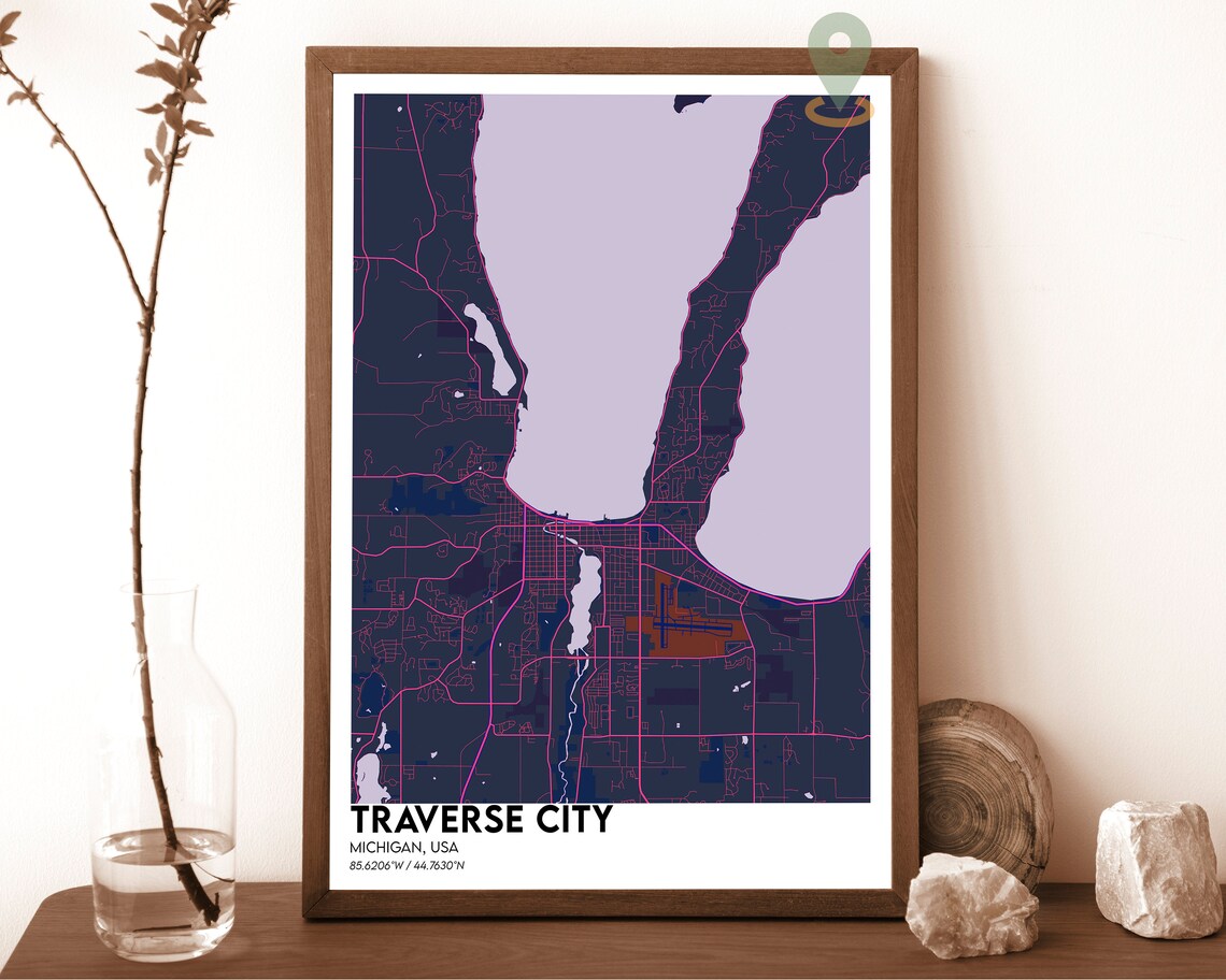 Traverse City Michigan Pink And Navy Street Map Modern City Art Poster - Image 2