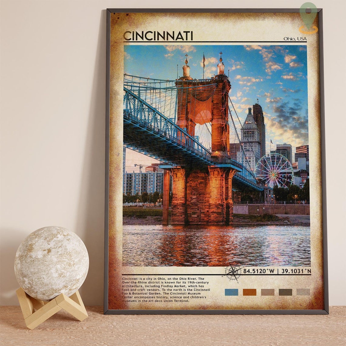 Cincinnati Ohio Roebling Suspension Bridge Sunset River Poster - Image 2