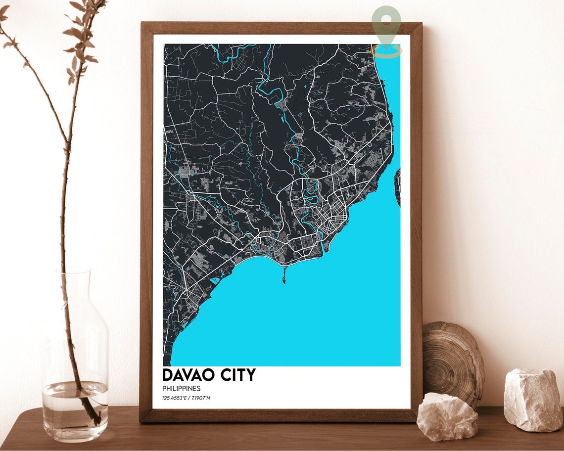 Davao City Philippines Dark Cyan Coastal City Map Art Poster