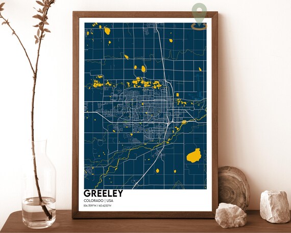 Greeley Colorado Navy Blue Gold Lake Minimalist Street Map Art Print