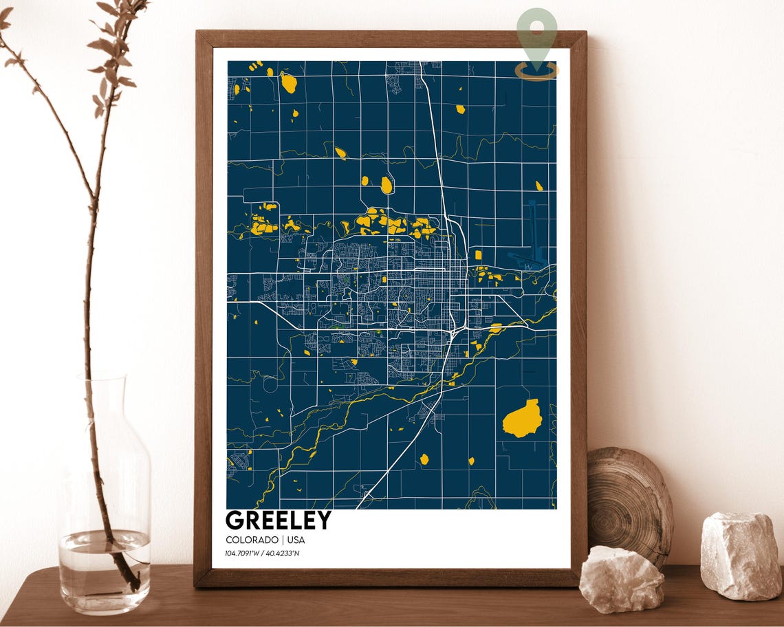 Greeley Colorado Navy Blue Gold Lake Minimalist Street Map Art Print