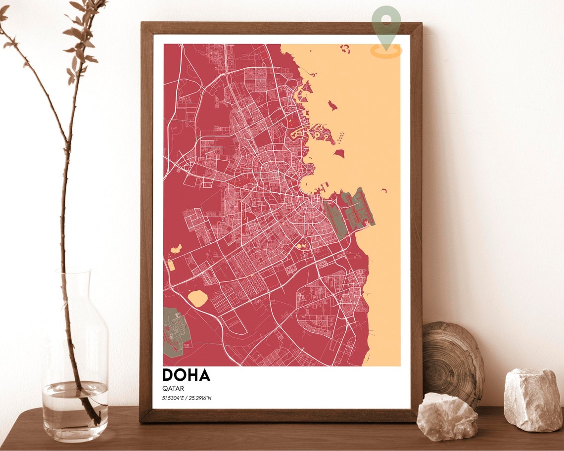 Doha Qatar Charcoal Orange Coastline City Map Modern Art Poster - Image 3