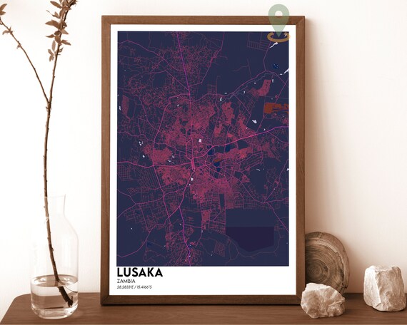 Lusaka Zambia Magenta Night Street Map Modern City Art Poster