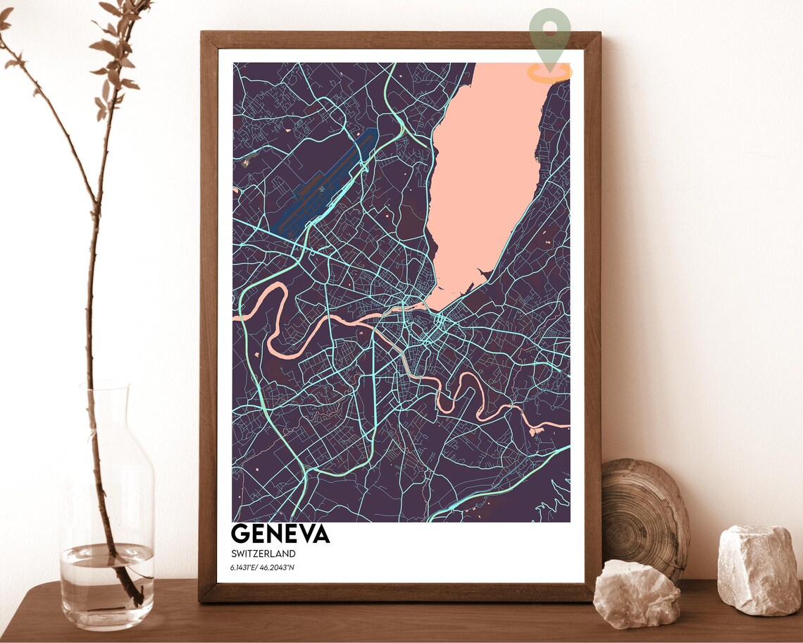 Geneva Switzerland Teal Peach Modern City Map Home Decor Poster