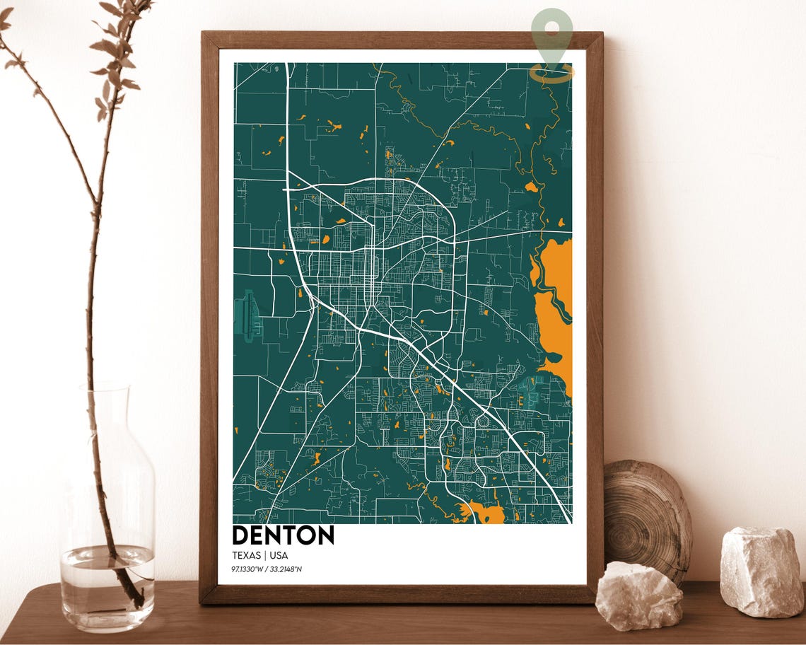Denton Texas Modern Midnight Navy Mint City Street Map Art Print - Image 4