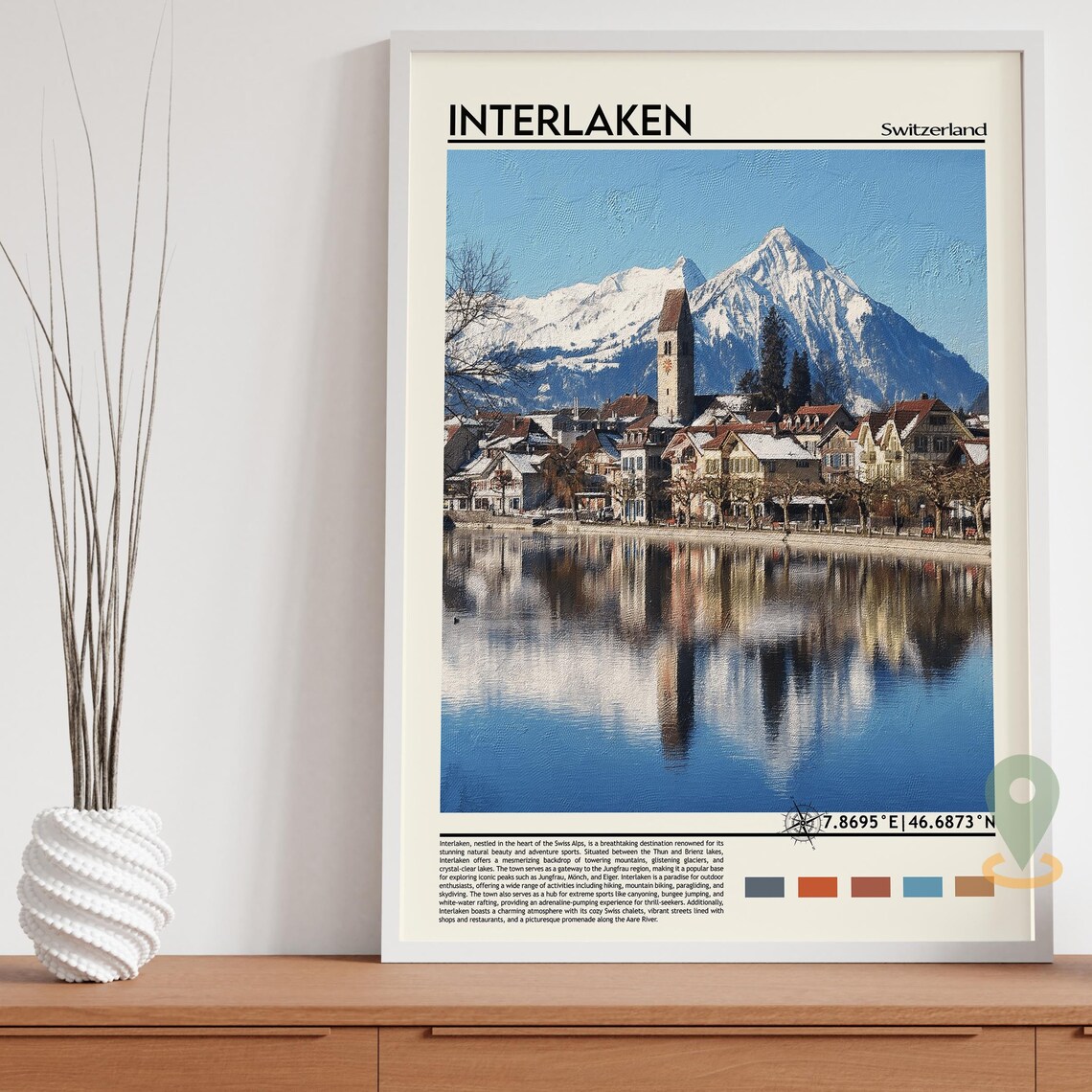Interlaken Switzerland Snowy Peaks Lake Town Swiss Alps Travel Poster - Image 3