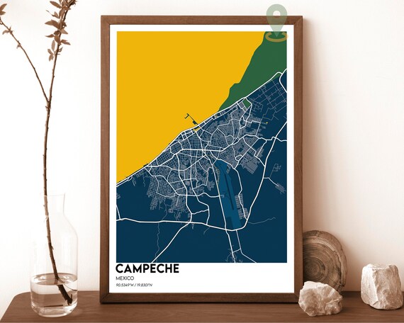 Campeche Mexico Modern City Map Poster in Navy and Gold Tones