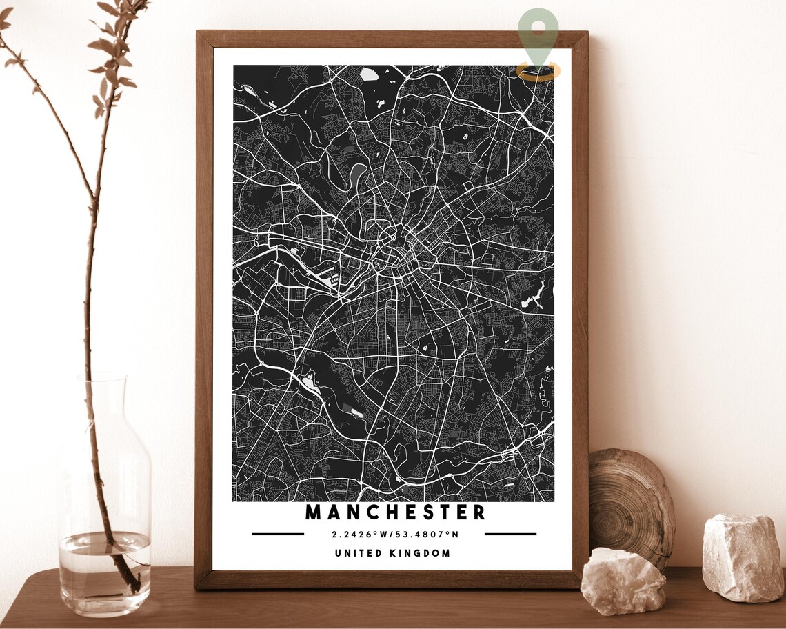 Manchester United Kingdom City Map Dark Modern Amber Street Art Poster - Image 3