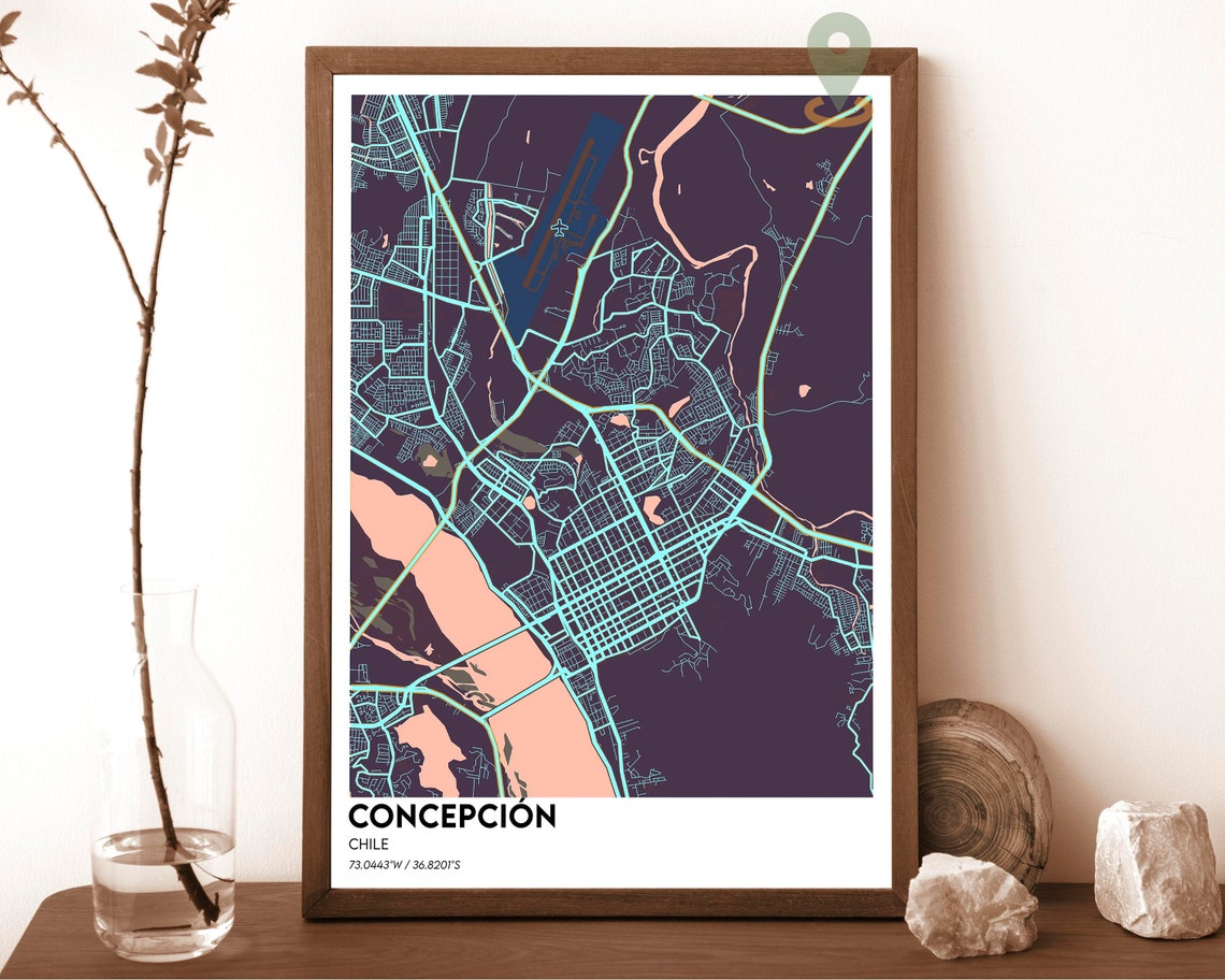Concepcion Chile Dark Cyan Bay River Modern City Map Art Poster - Image 4