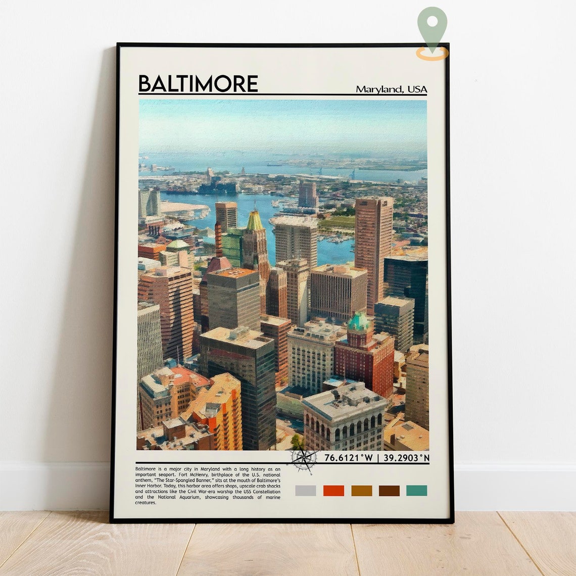 Baltimore Maryland Inner Harbor Skyline Cityscape Travel Poster - Image 2
