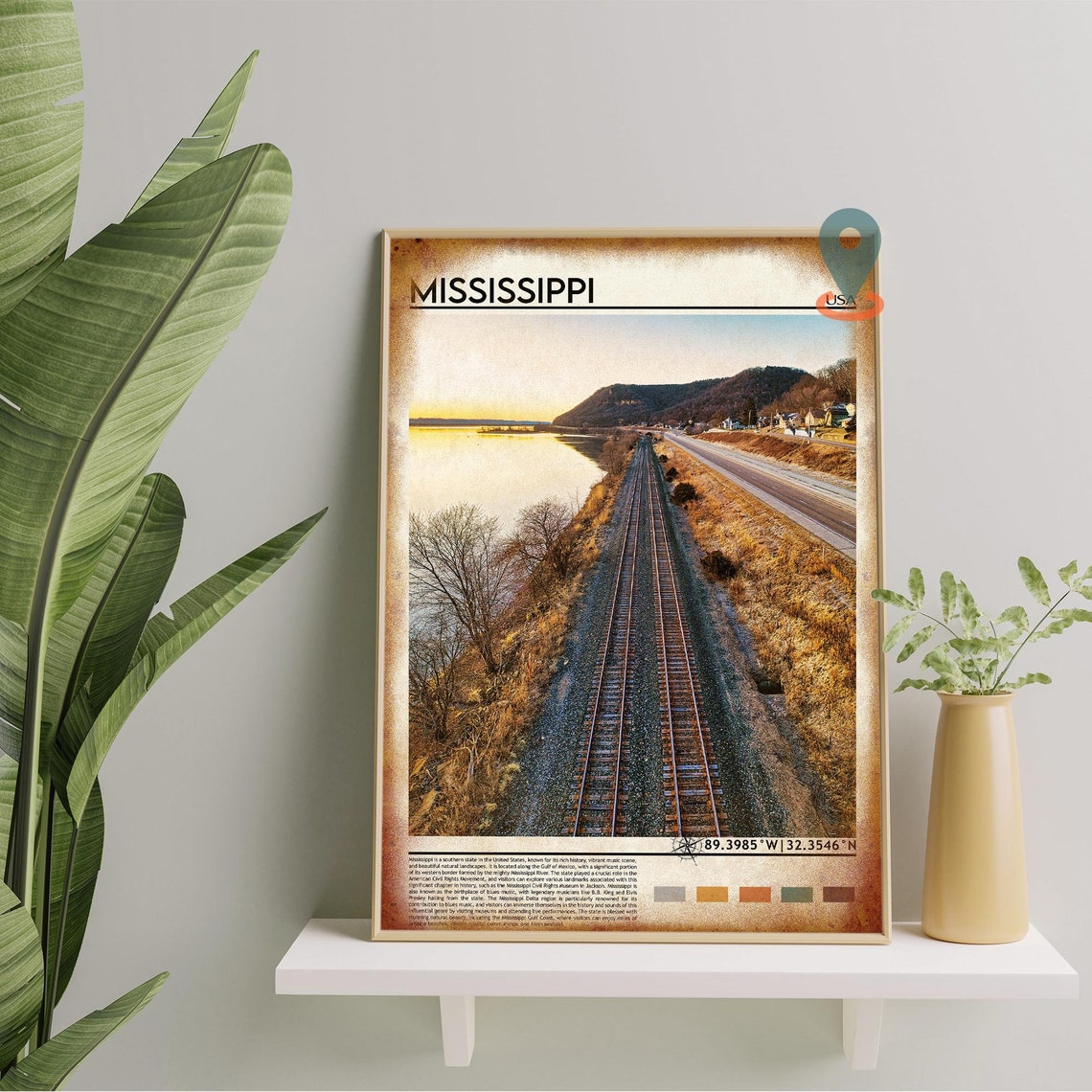 Mississippi USA River Railroad Tracks Sunset Golden Light Poster - Image 2