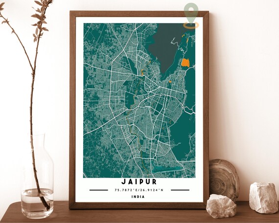 Jaipur India Teal City Street Map Coordinates Travel Decor Poster