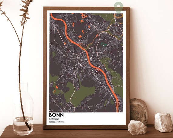 Bonn Germany Dark City Map With Orange River Street Art Poster