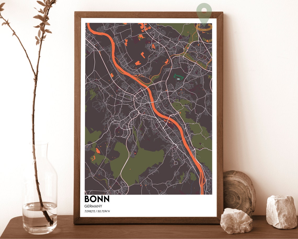 Bonn Germany Dark City Map With Orange River Street Art Poster
