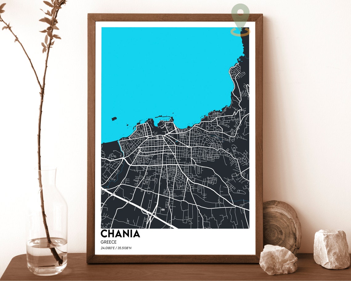 Chania Greece Navy Blue Crete Coast Modern City Map Design Poster - Image 6