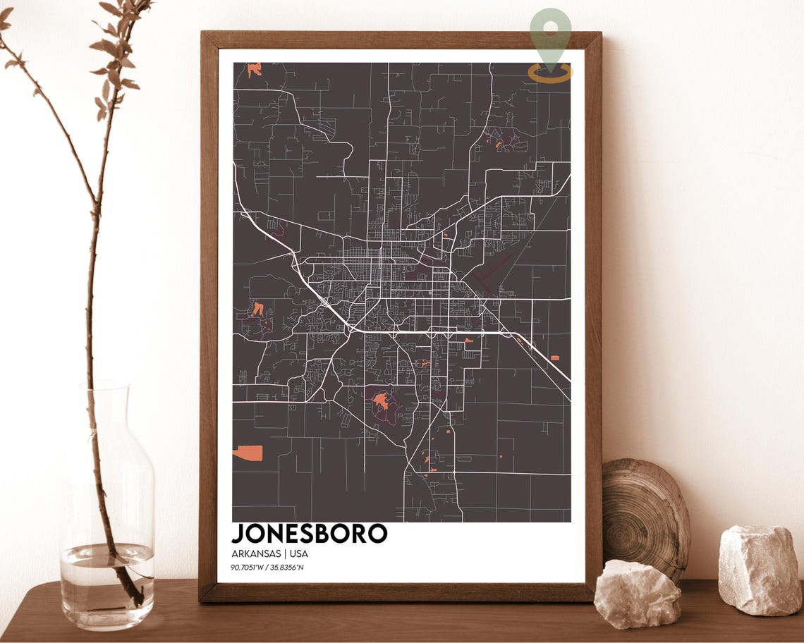 Jonesboro Arkansas Charcoal Orange Minimalist City Map Wall Art