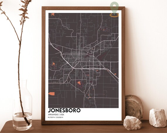 Jonesboro Arkansas Charcoal Orange Minimalist City Map Wall Art