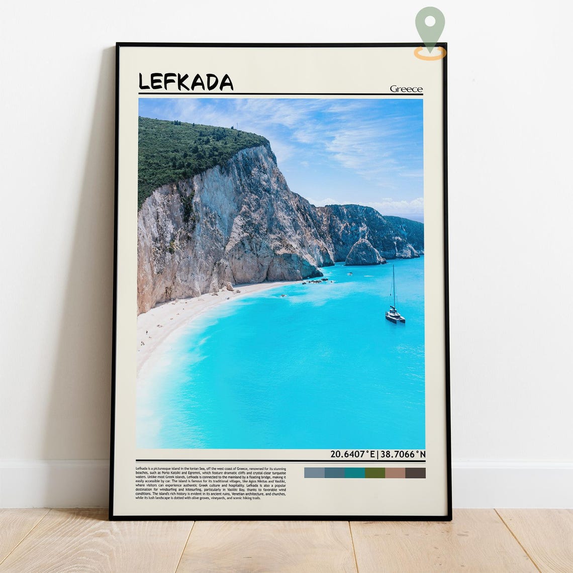 Lefkada Greece Turquoise Cliff Beach Lone Sailboat Seascape Poster - Image 5