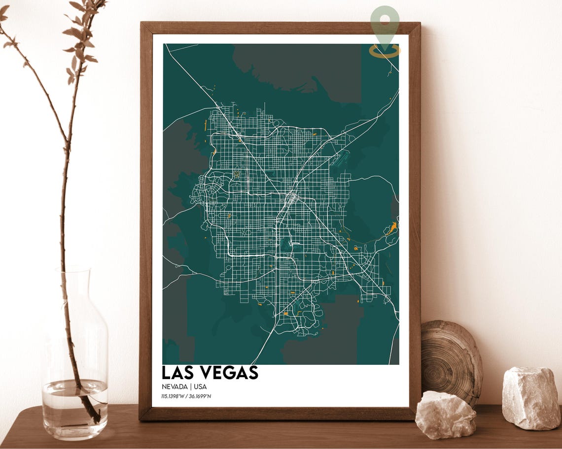 Las Vegas Nevada Striking Dark Green Modern City Map Art Poster
