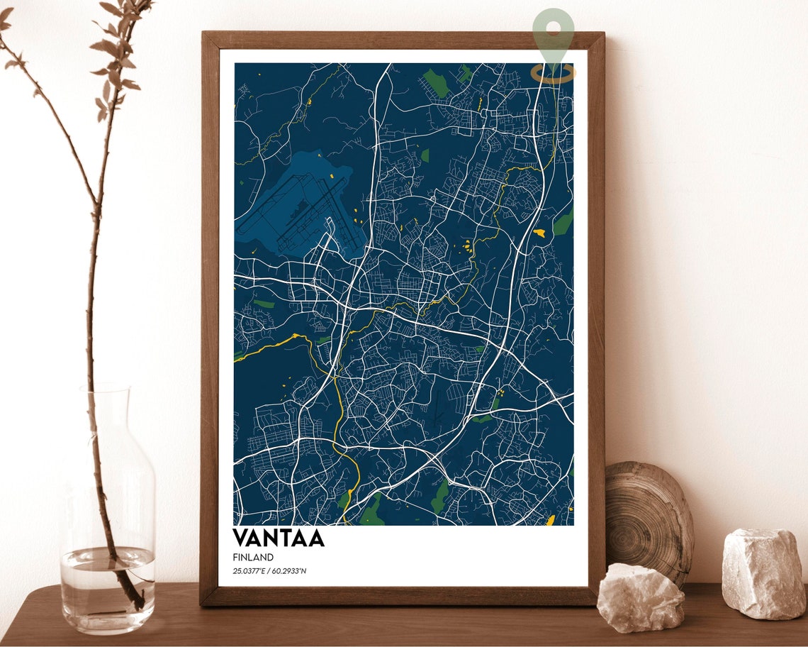 Vantaa Finland City Map Poster Navy Gold Modern Minimalist Art