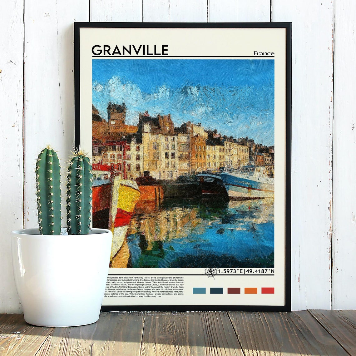 Granville France Normandy Harbor Boats Waterfront Painterly Poster - Image 3