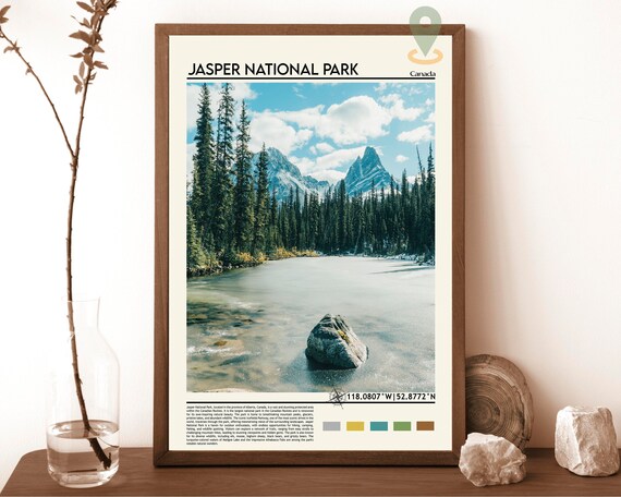 Jasper National Park Canada Snowy Mountain Lake Forest Travel Poster