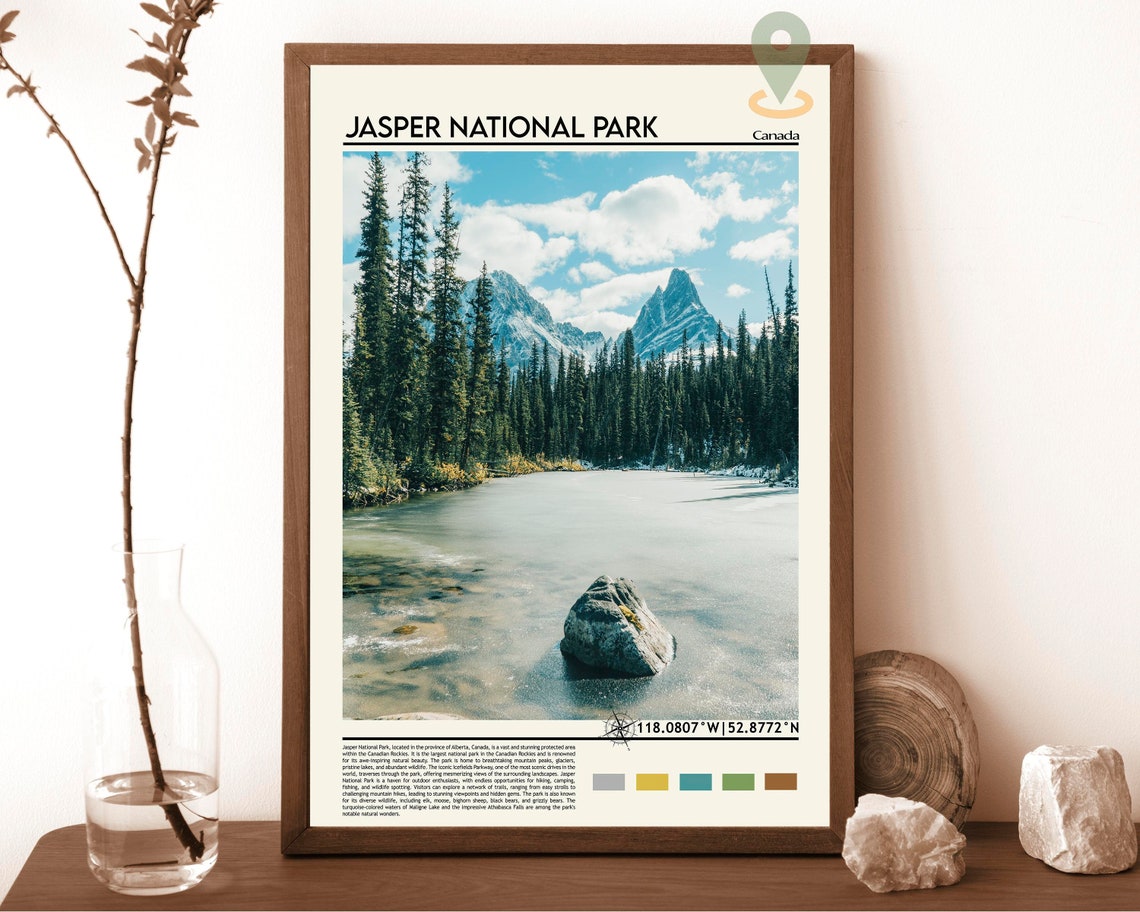 Jasper National Park Canada Snowy Mountain Lake Forest Travel Poster