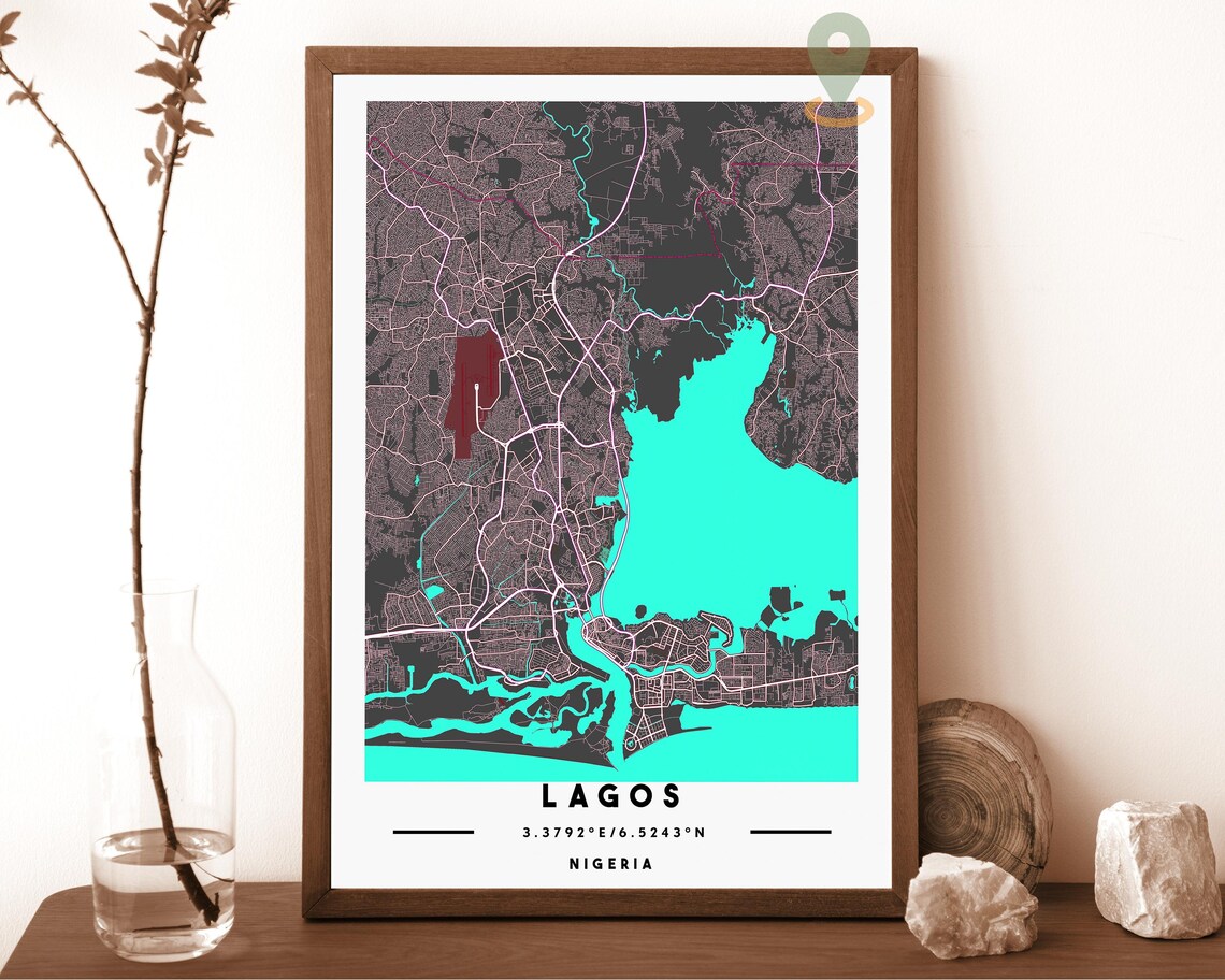 Lagos Nigeria charcoal with bold orange water Street Map Coordinates Poster - Image 4