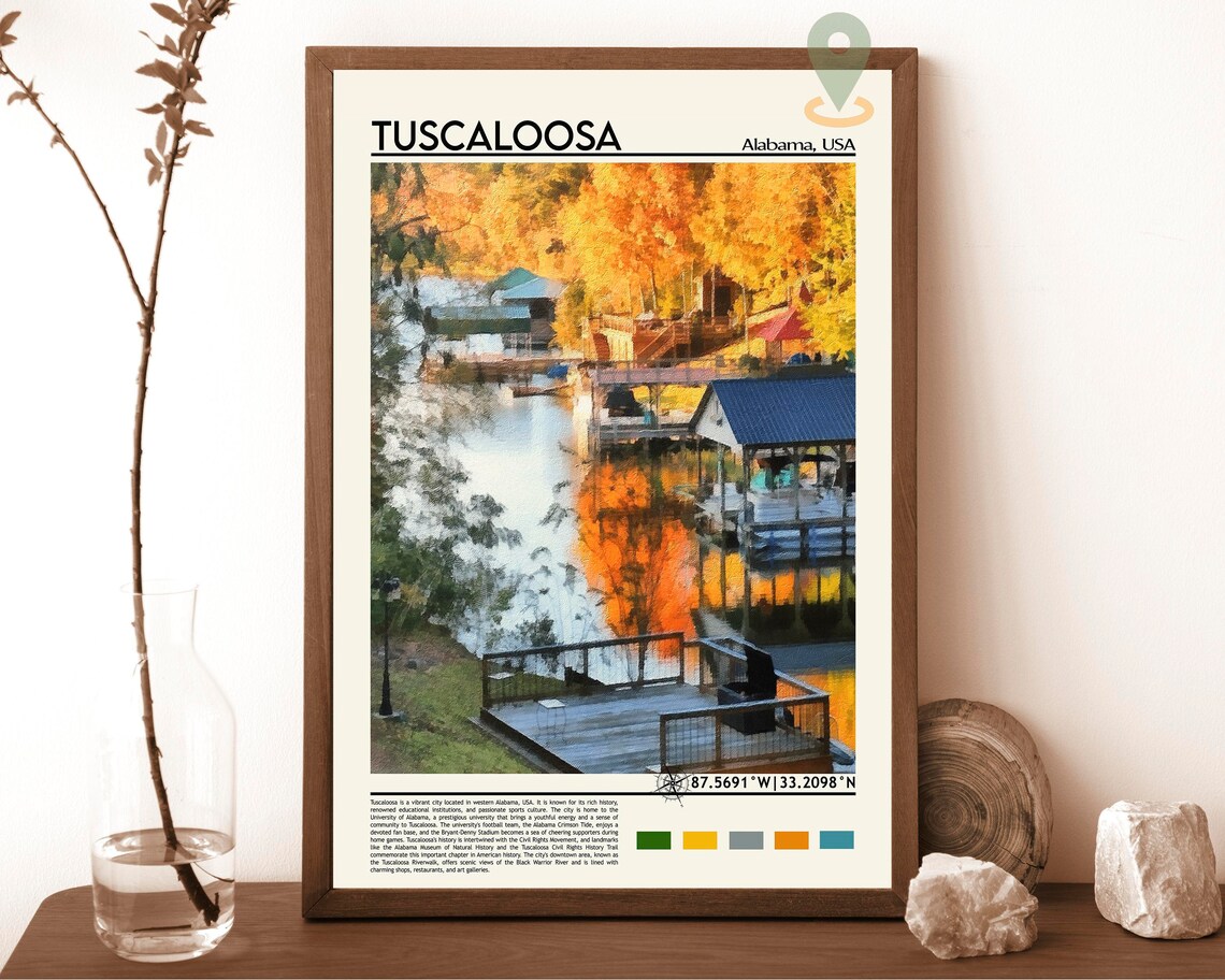 Tuscaloosa Alabama Autumn Lakeside Boathouse Scenic Travel Poster