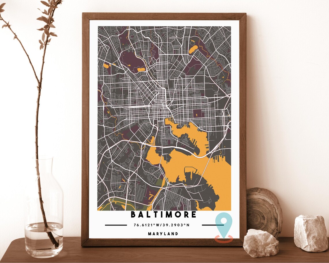 Baltimore Maryland teal with an orange harbor Street Map Coordinates Poster - Image 4