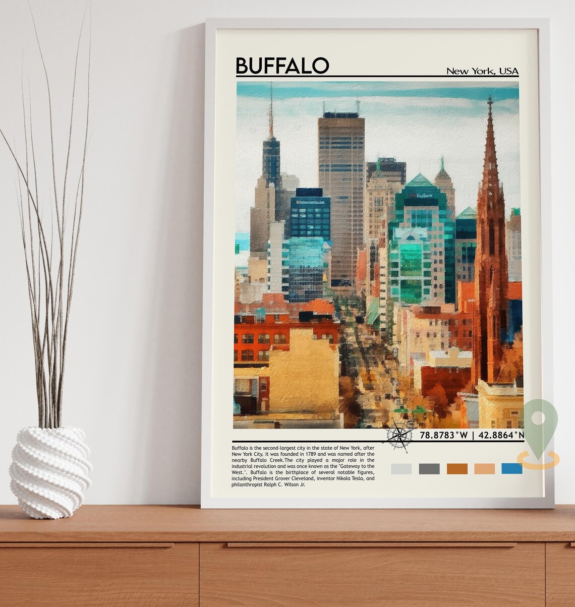 Buffalo New York Downtown Skyline Watercolor Style Travel Poster - Image 5