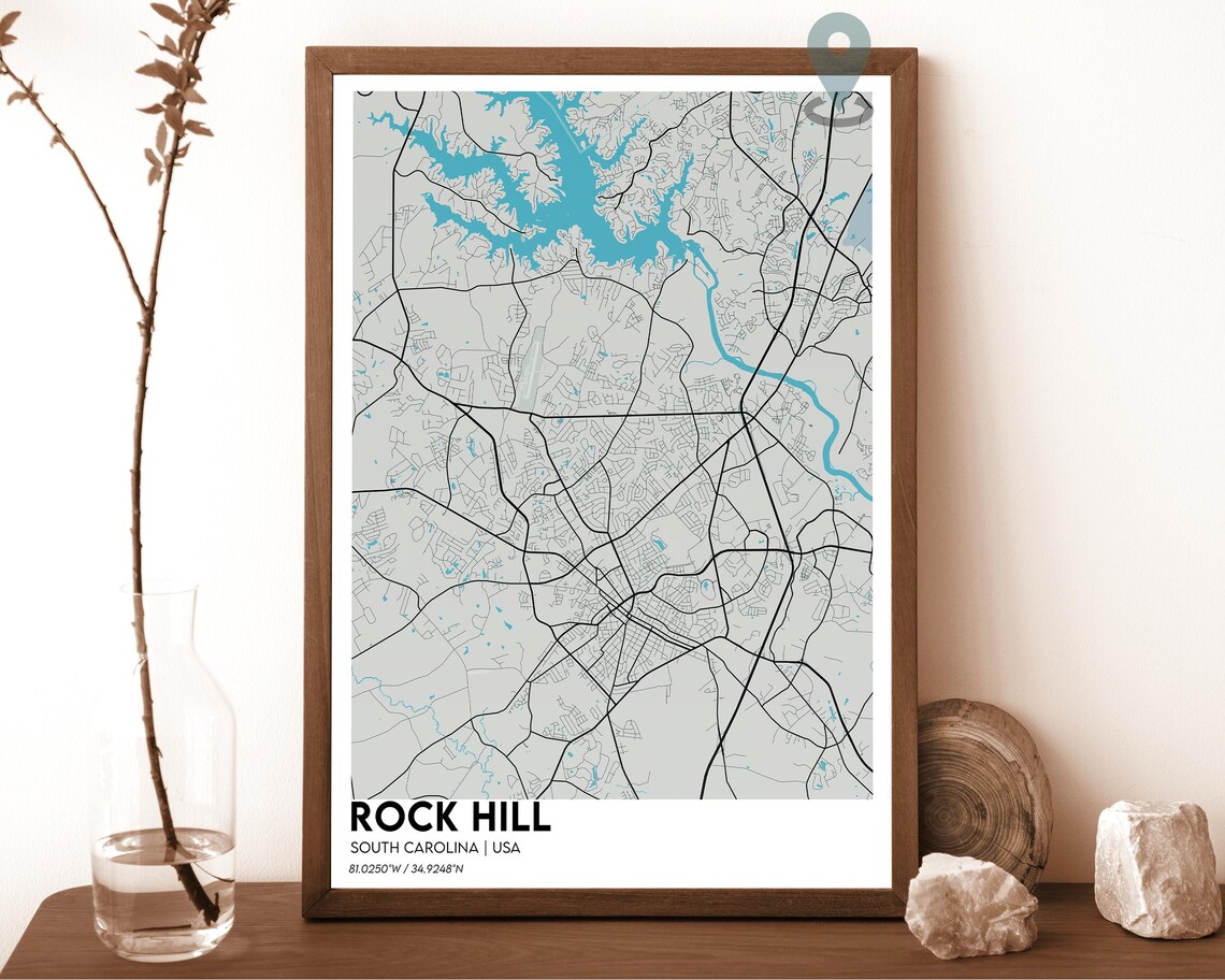 Rock Hill South Carolina Teal Green City Map Home Decor Poster - Image 2