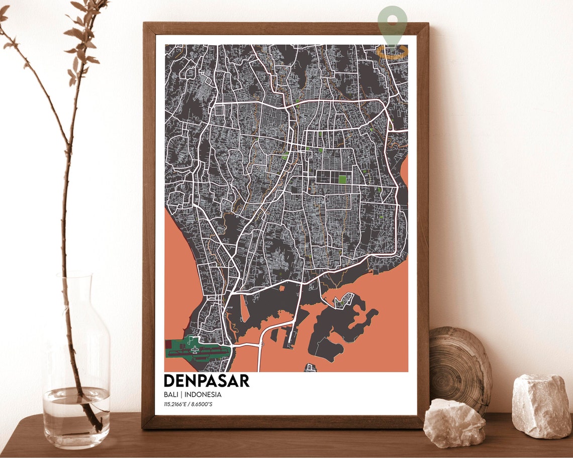 Denpasar Bali Indonesia Navy Yellow Coastal City Map Art Poster - Image 4