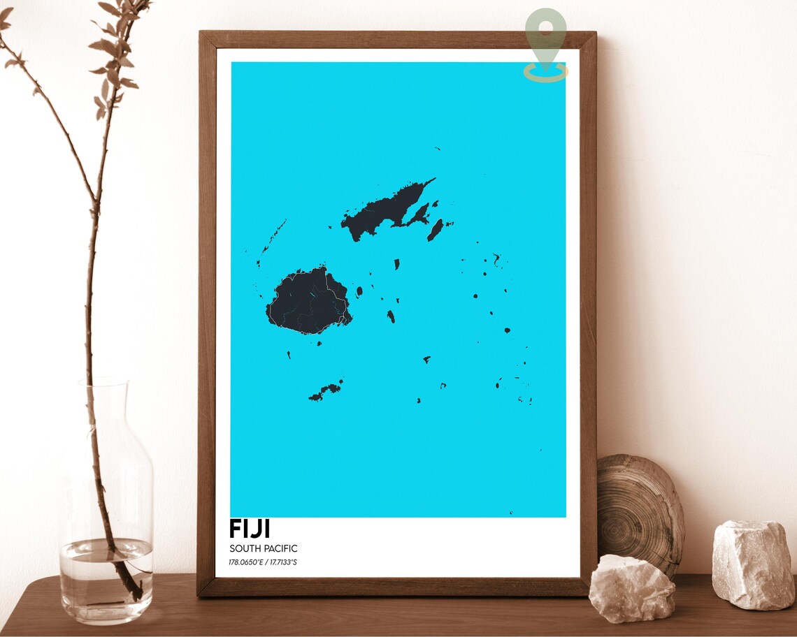 Fiji South Pacific Minimalist Island Map Art Yellow Blue Travel Poster - Image 3