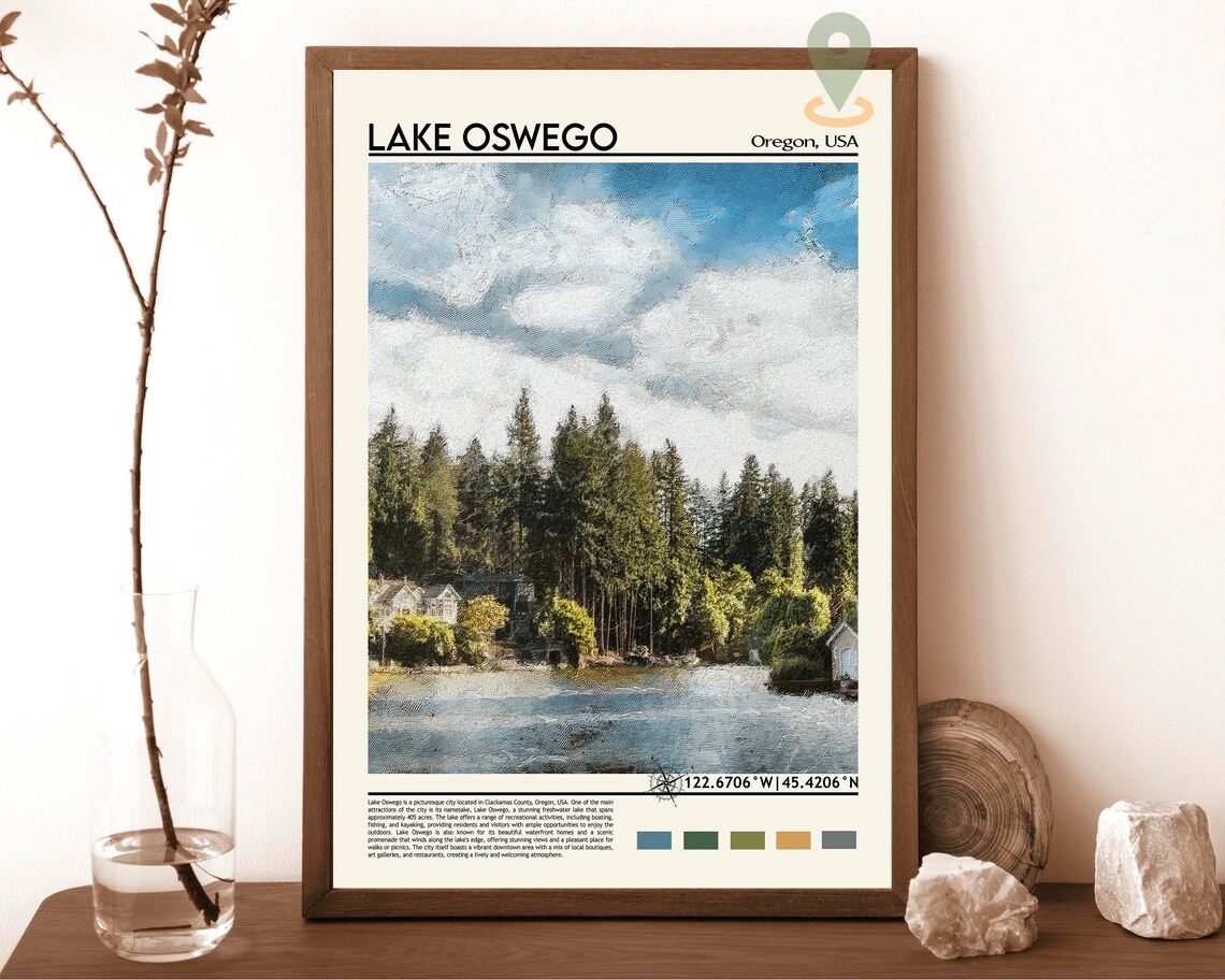 Lake Oswego Oregon Pine Lake Shoreline Summer Lakeside Travel Poster