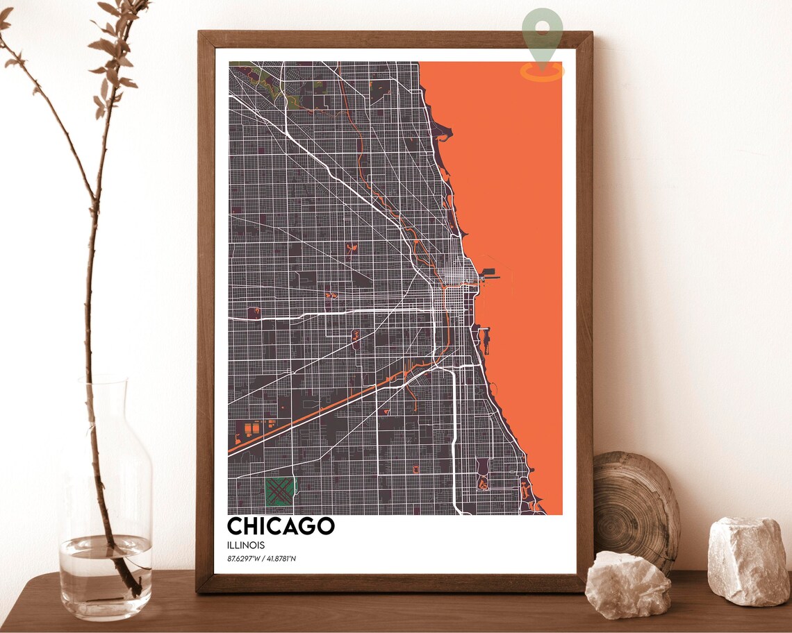 Chicago Illinois Street Map Golden Lake Michigan Navy Grid Art Print - Image 4