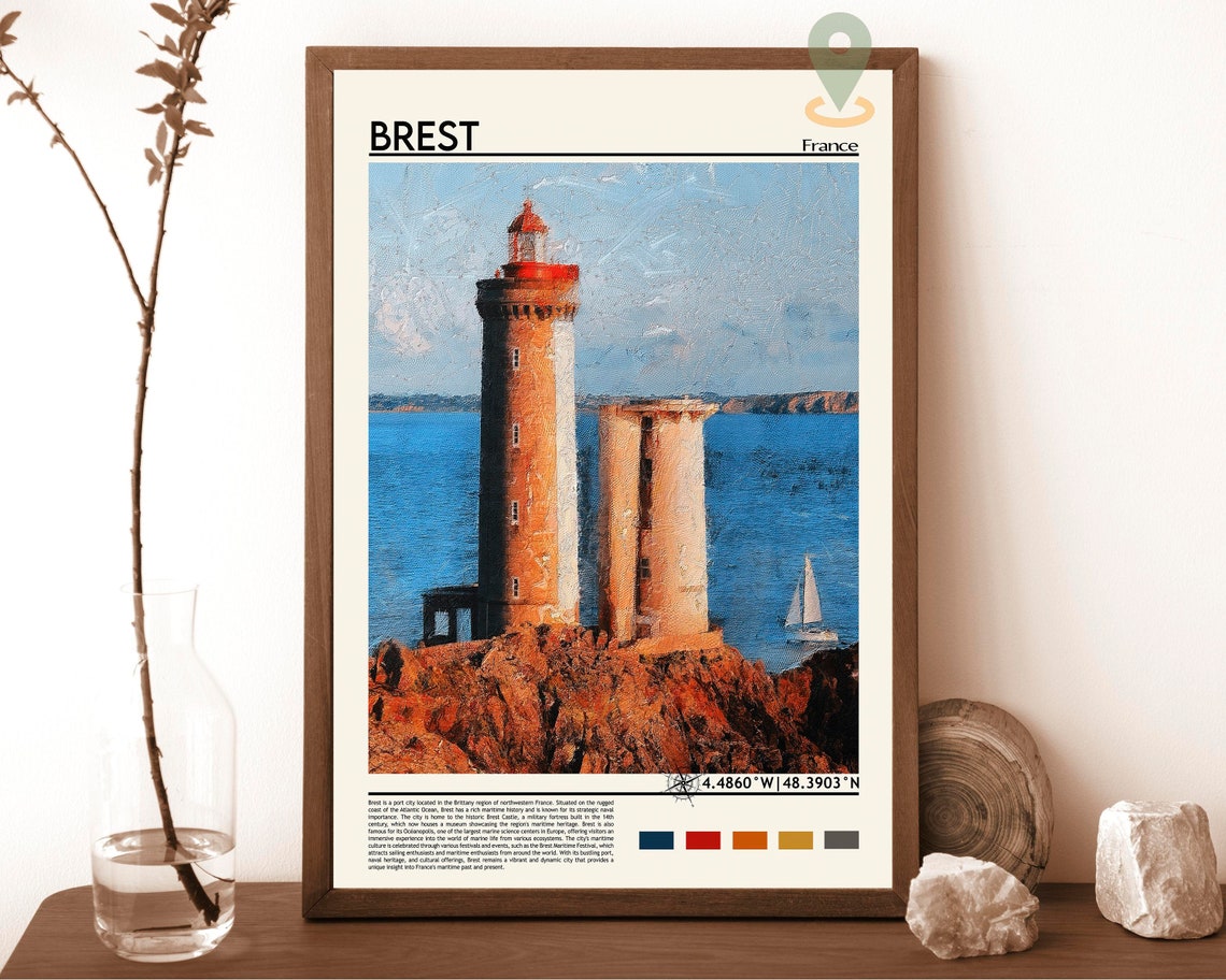 Brest France Lighthouse Coastal Cliffs Sailboat Travel Poster