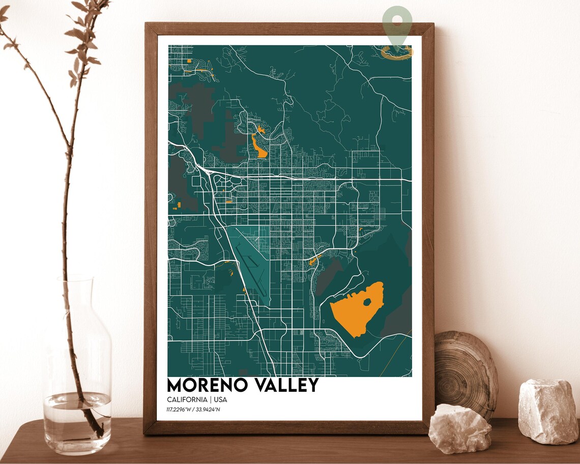Moreno Valley California cream beige with brown streets Street Map Coordinates Poster - Image 5
