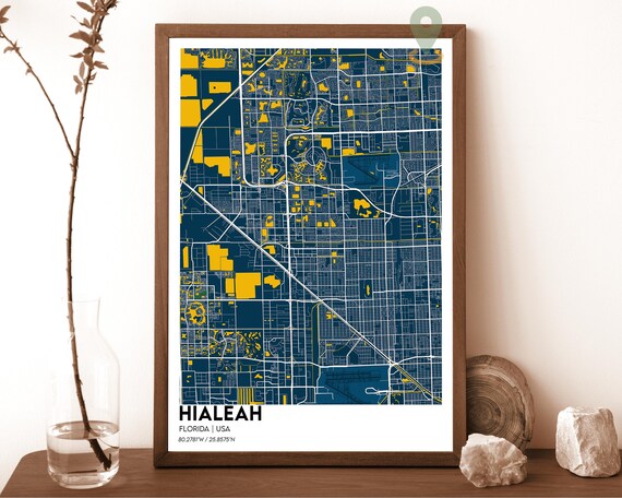 Hialeah Florida Modern City Map Navy Mustard Minimalist Poster