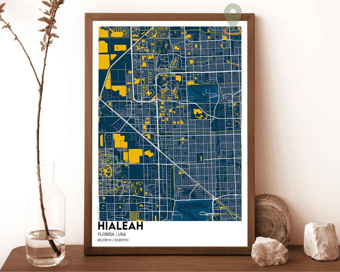 Hialeah Florida Modern City Map Navy Mustard Minimalist Poster