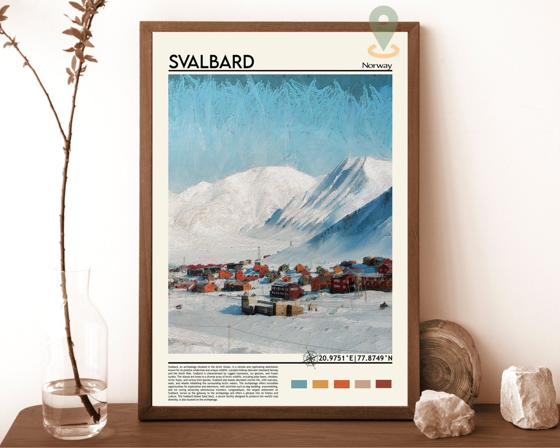 Svalbard Norway Arctic Snow Village Mountain Coordinate Travel Poster