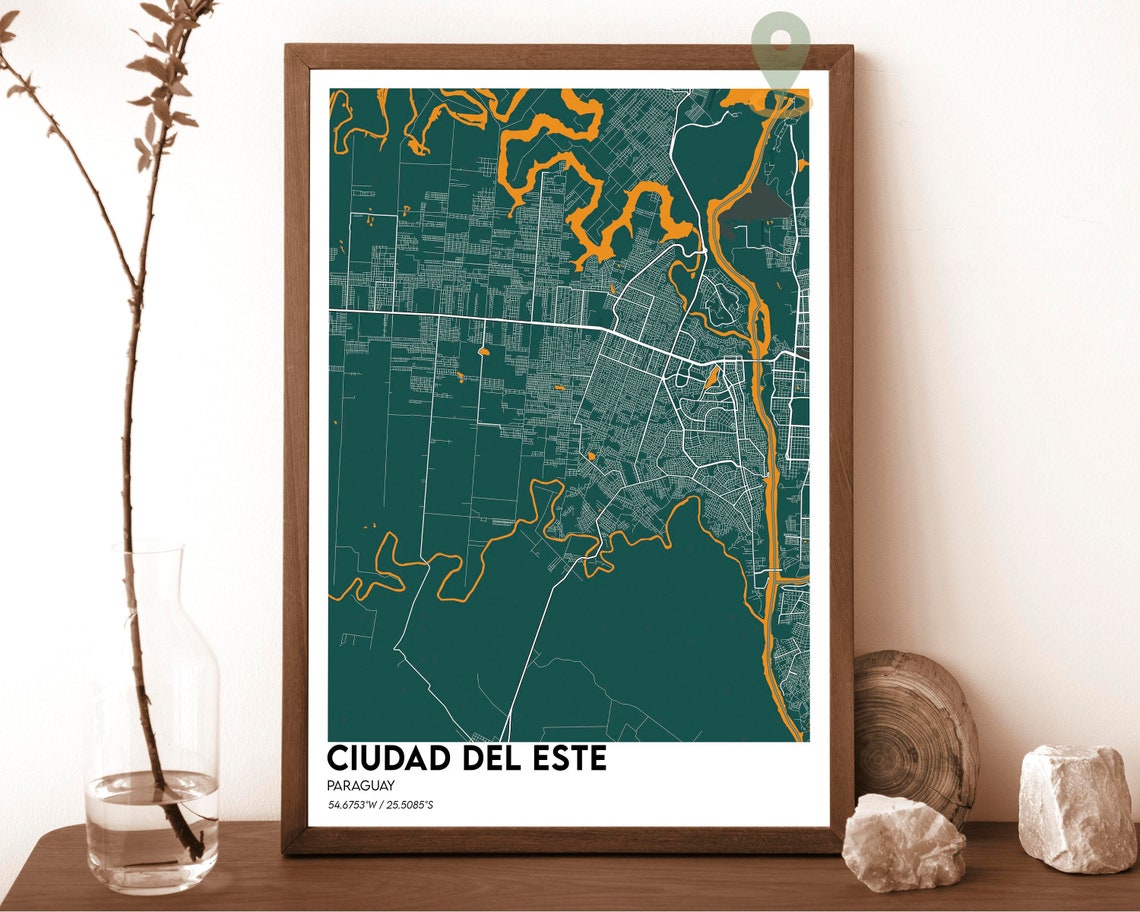 Ciudad del Este Paraguay Street Map Deep Green Gold Rivers Art Print